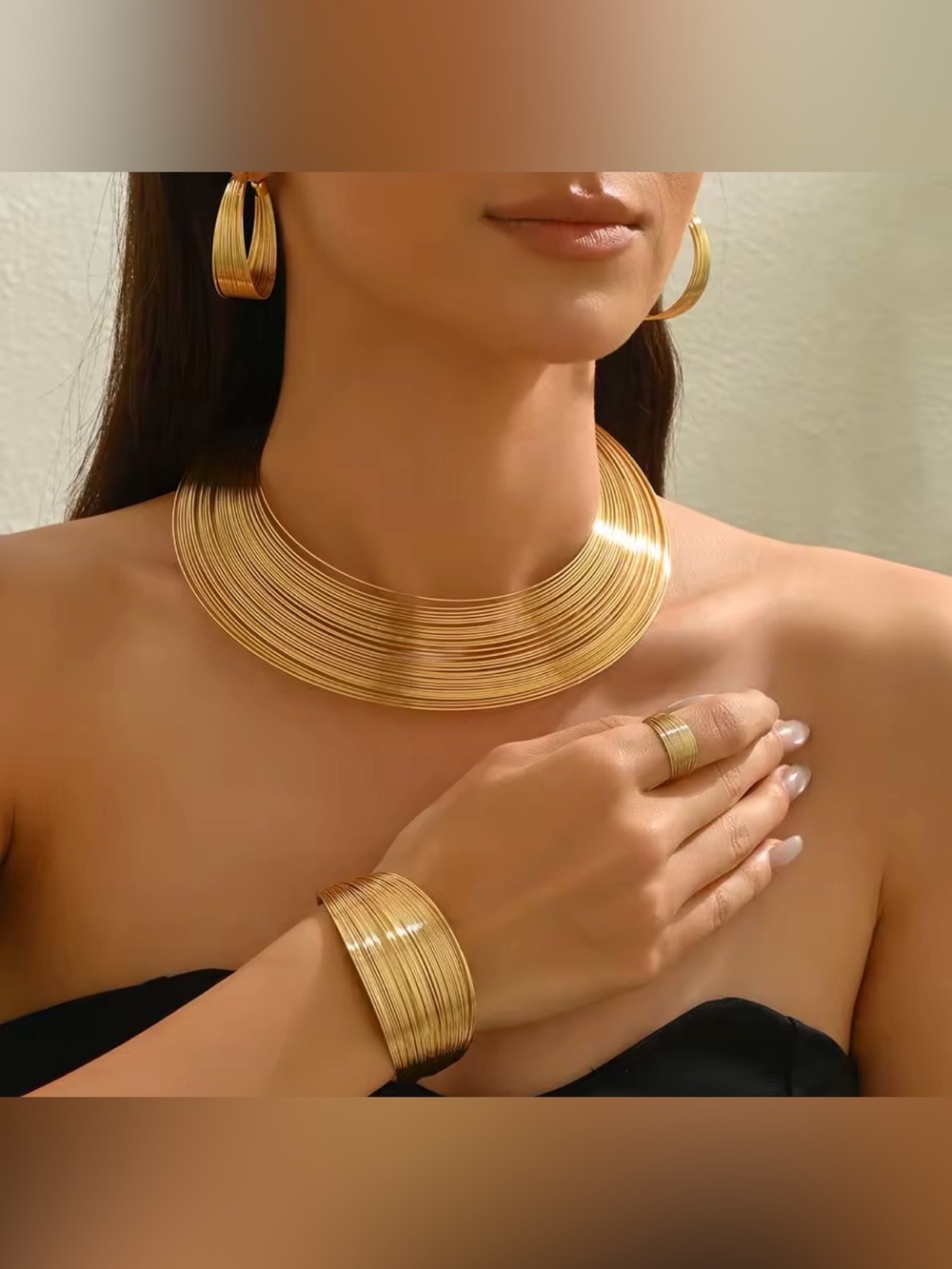 Stylish Gold Multi-Strand Collar Necklace 5 Pieces Set